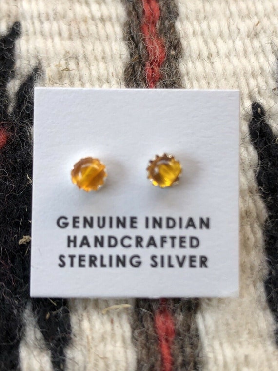Navajo Sterling Silver And Amber Mini Stud Earrings 