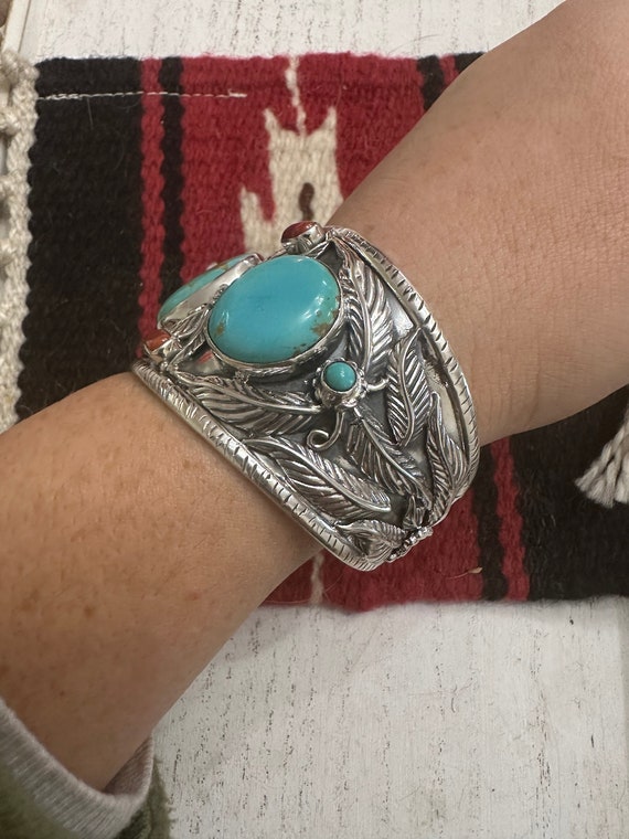 Handmade Sterling Silver, Turquoise & Coral Cuff … - image 7