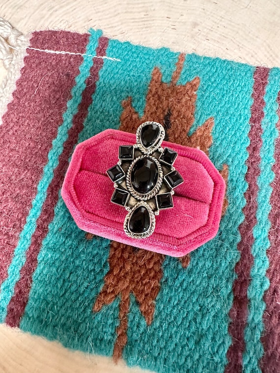 Handmade Onyx & Sterling Silver Adjustable Ring Signed Nizhoni View 2
