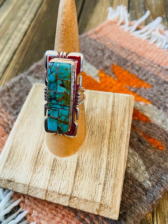Navajo Sterling Silver & Turquoise Inlay Ring Siz… - image 4
