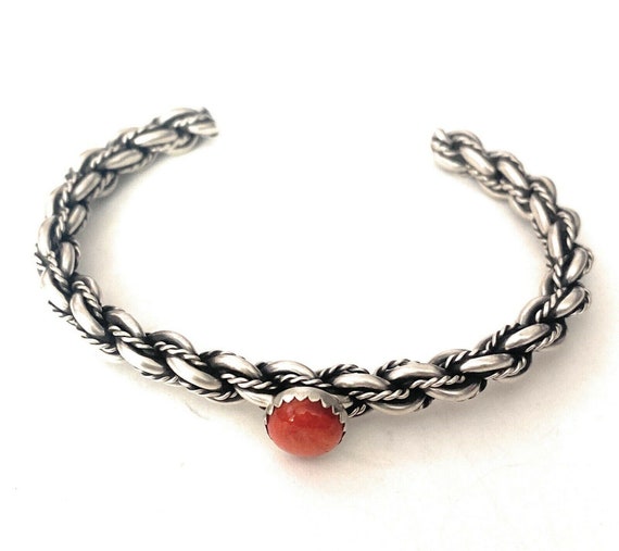 Navajo Sterling Cuff & Red Spiny Twisted Cuff Bra… - image 8