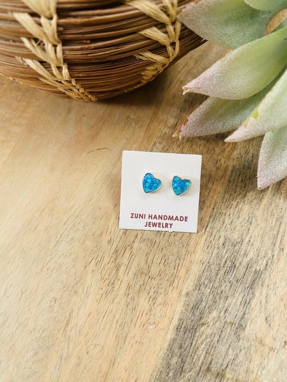 Zuni Blue Opal & Sterling Silver Heart Stud Earri… - image 2