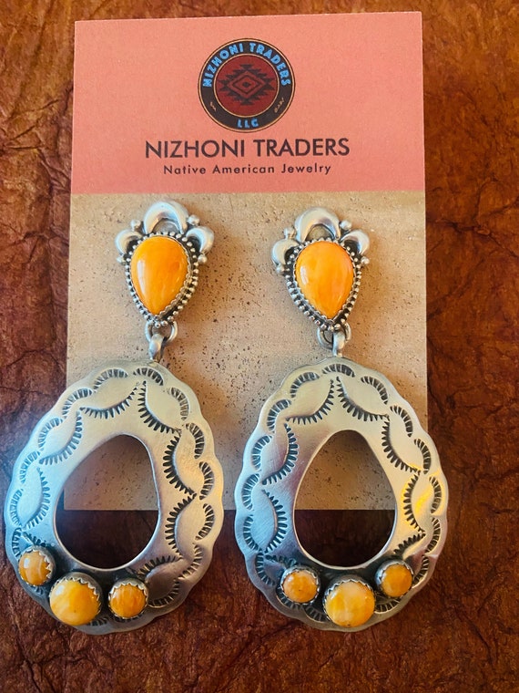 Navajo Sterling Silver & Orange Spiny Concho Dang… - image 1