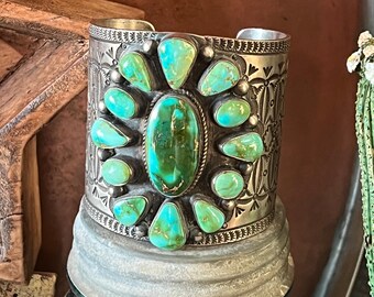 Navajo Hefty Sterling Silver and Sonoran Turquoise Cuff Bracelet