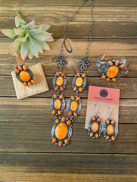 Navajo Orange Spiny And Sterling Silver 4 Piece S… - image 2