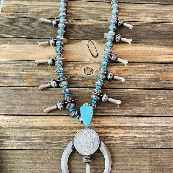 Navajo James McCabe Turquoise & Sterling Silver Liberty Dime Squash Blossom Necklace