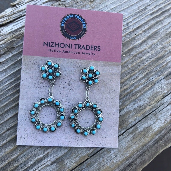 Navajo Turquoise Silver Petit Point Dangle Earrin… - image 2