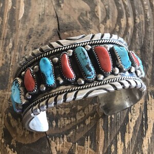 Vintage Turquoise & Natural Red Coral Sterling Silver Navajo Cuff ...