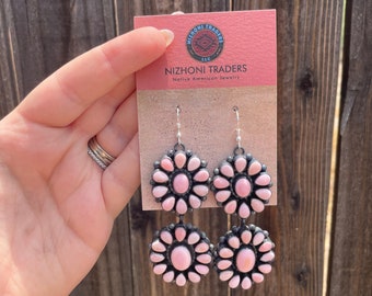 The Sunday Morning” Navajo Pink Conch and Sterling Silver Flower Dangle Earrings Signed