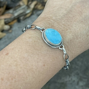 Navajo Blue Turquoise T. Skeets Stone & Sterling Silver Link Bracelet Signed