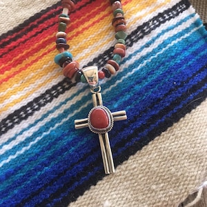 Navajo Sterling Silver Natural Red Coral Statement Cross Pendant Signed