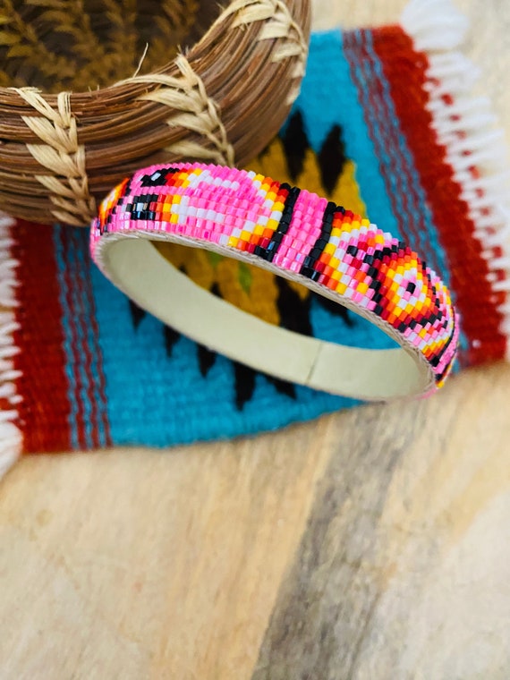 Navajo Made Beaded Leather Bangle Bracelet - image 2