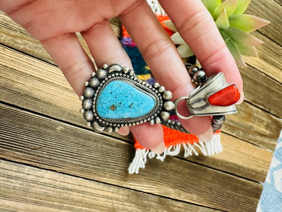 Navajo Sterling Silver, Turquoise & Coral Beaded … - image 6