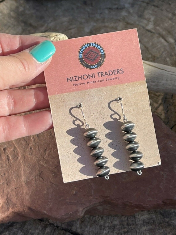 Navajo Sterling Silver Disk Bead Dangle Earrings - image 7