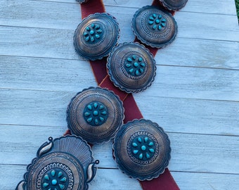 Vintage Navajo Brown Leather And Sterling Silver Turquoise Concho Belt