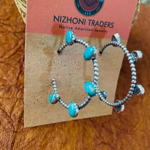 Navajo Sterling Silver & Turquoise Hoop Earrings image 1