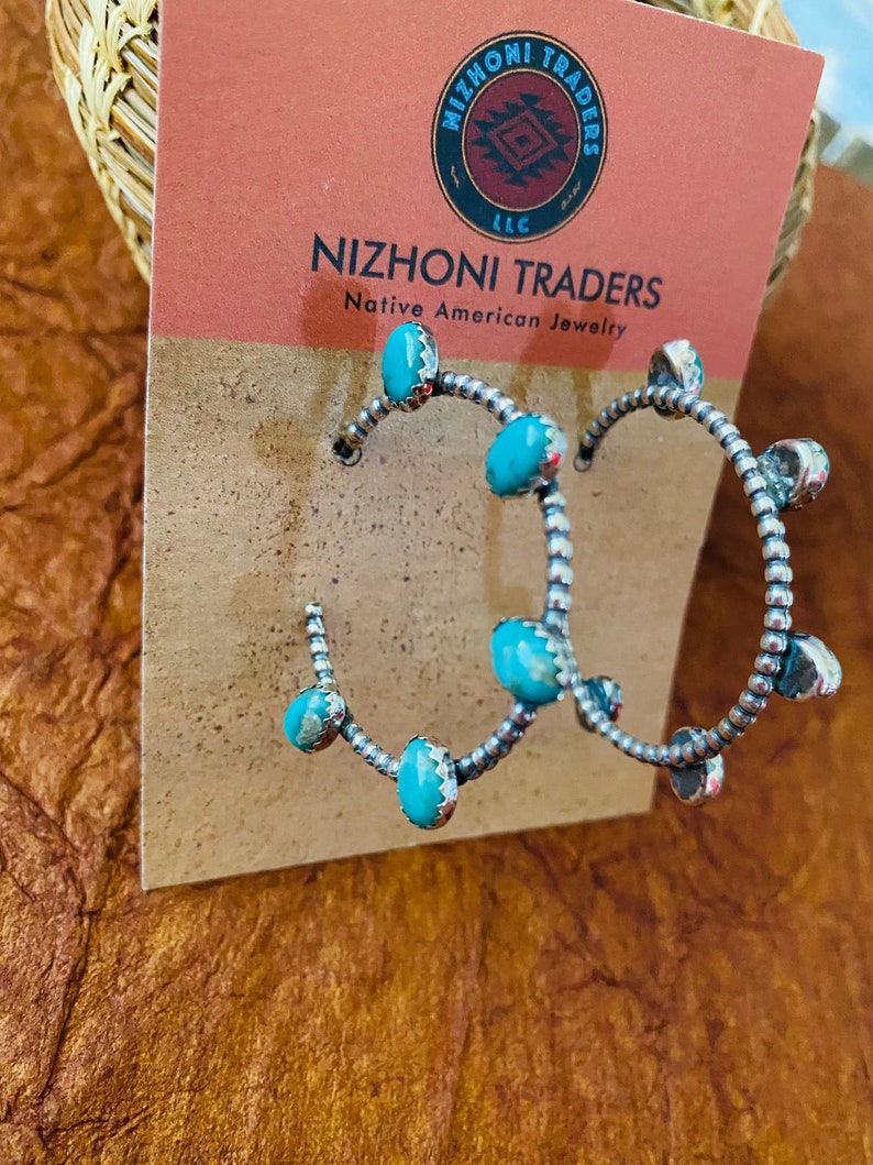 Navajo Sterling Silver & Turquoise Hoop Earrings image 1