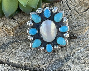 Navajo Cluster Turquoise & Mother Of Pearl Sterling Silver Ring Sz Is Adjustable