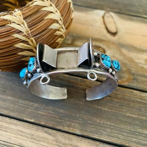 Old Pawn Vintage Navajo Turquoise & Sterling Silver Watch Cuff Signed
