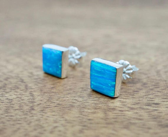 Square Light Blue Opal Studs - image 3