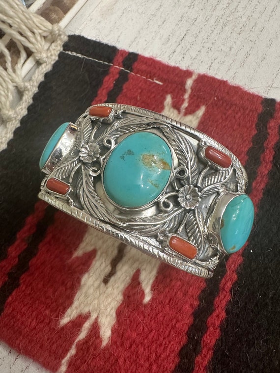 Handmade Sterling Silver, Turquoise & Coral Cuff … - image 2