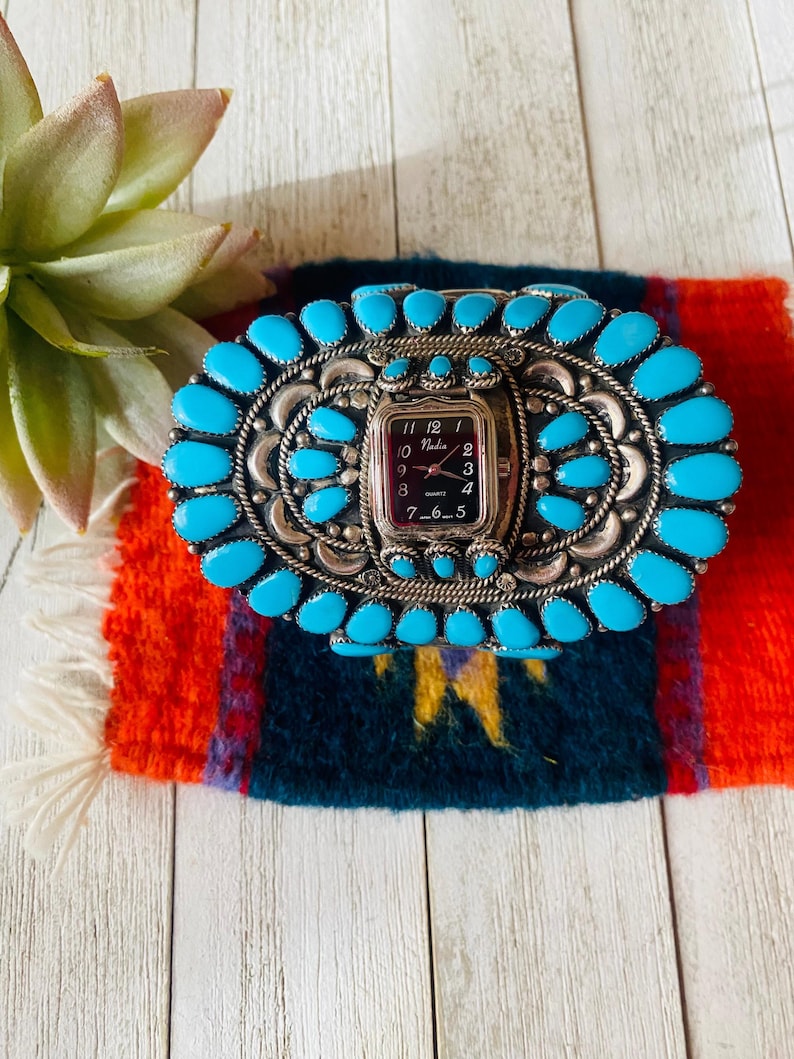 Old Pawn Vintage Navajo Turquoise & Sterling Silver Cluster Watch Cuff ...