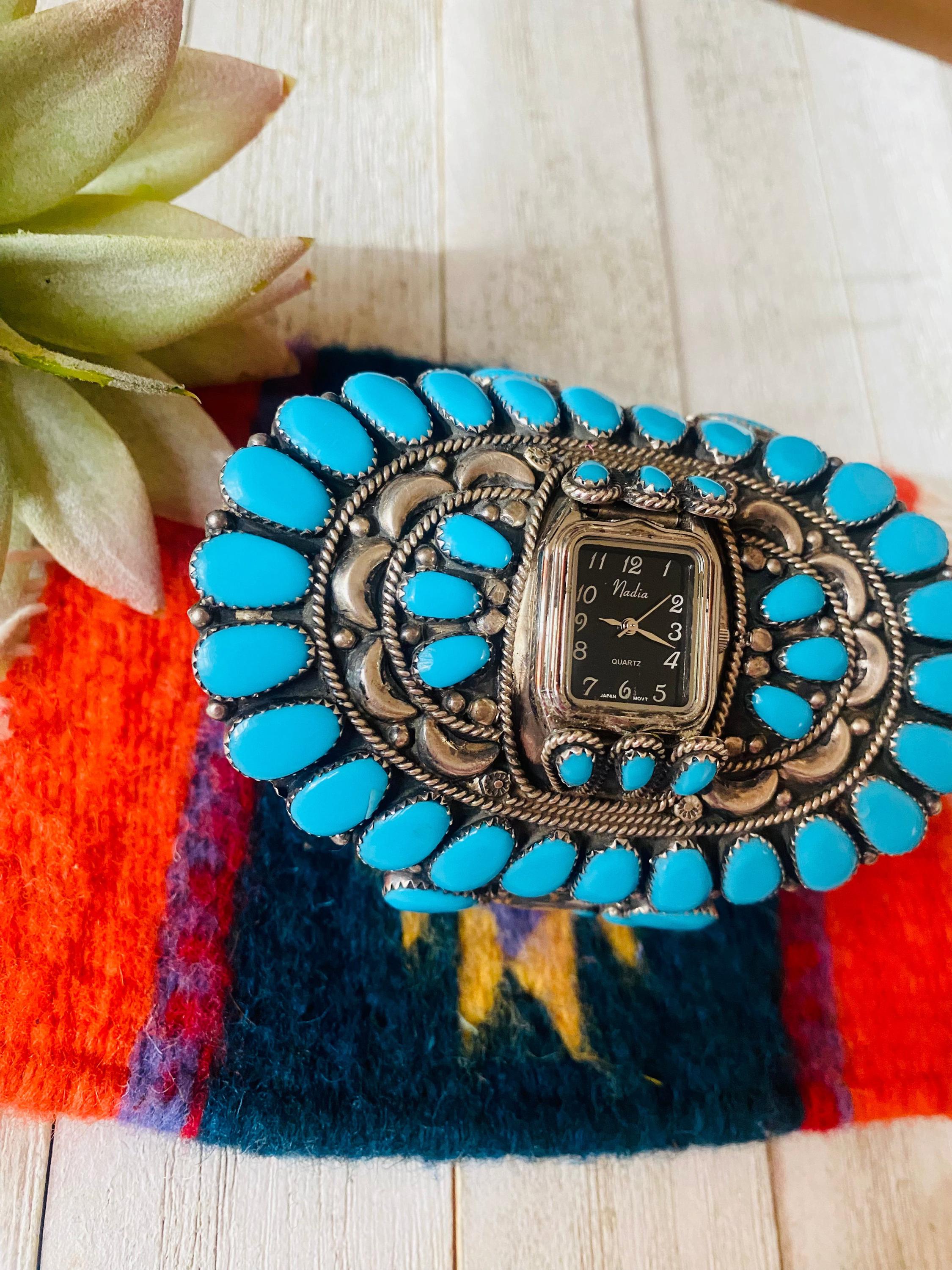 Old Pawn Vintage Navajo Turquoise & Sterling Silver Cluster Watch Cuff ...