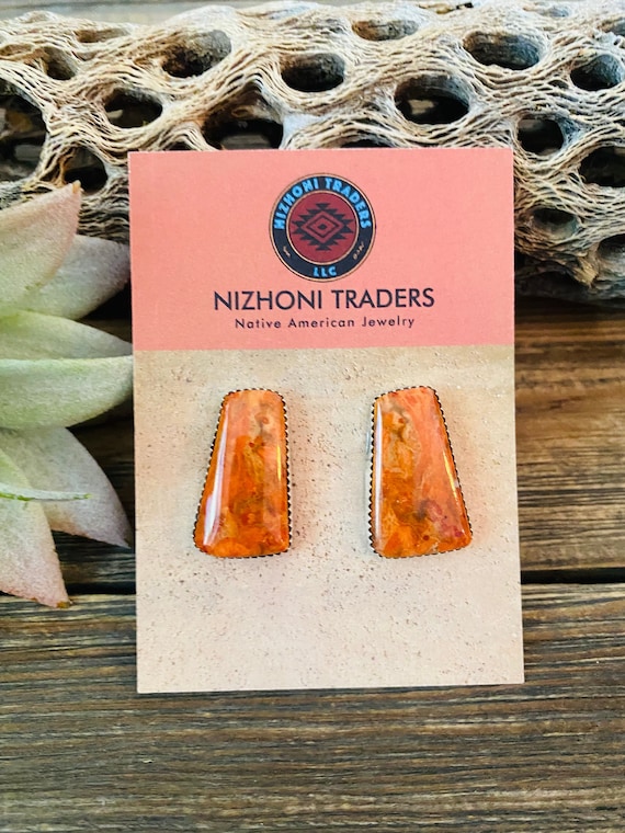 Navajo Sterling Silver & Orange Spiny Post Earring