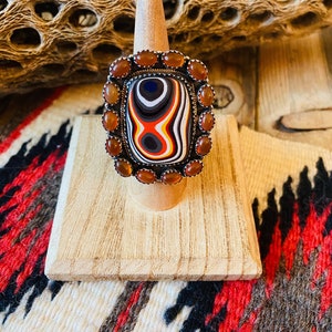 Handmade Sterling Silver, Fordite & Garnet Cluster Adjustable Ring