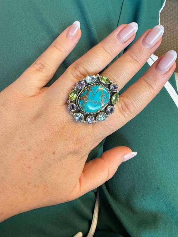 Handmade Adjustable Multi Stone Sterling Silver R… - image 1