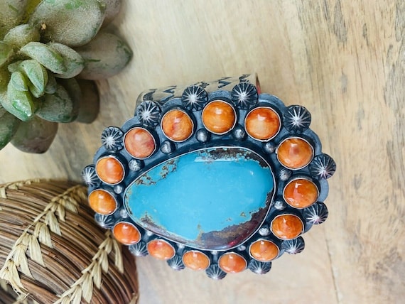 Navajo Orange Spiny, Turquoise & Sterling Silver … - image 3