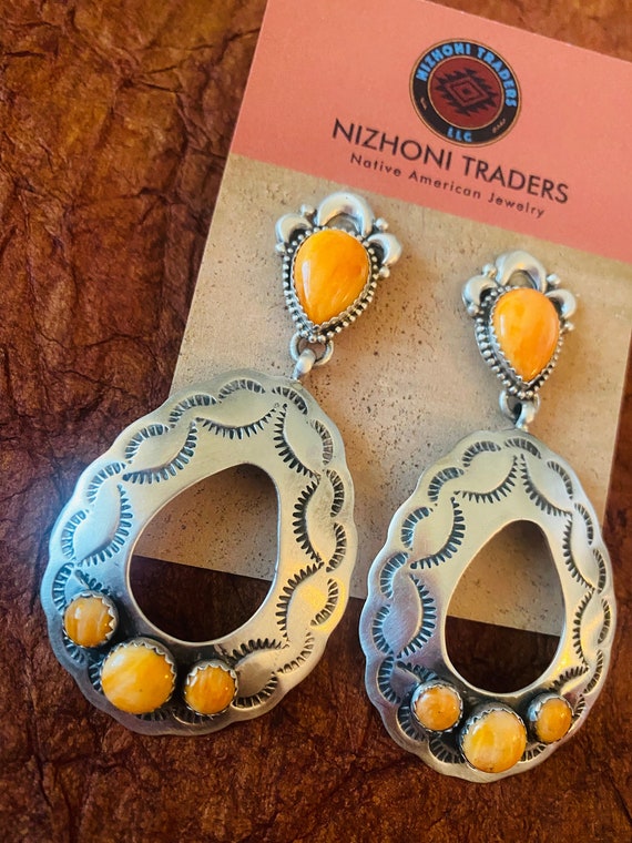 Navajo Sterling Silver & Orange Spiny Concho Dang… - image 2