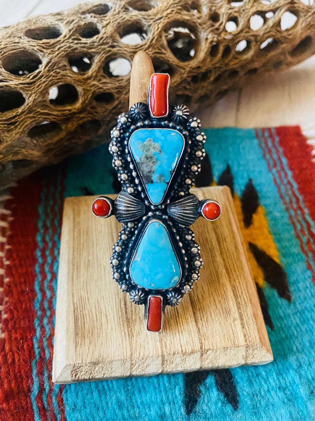 Navajo Sterling Kingman Turquoise & Red Coral Ring Size 9 by Shawn ...