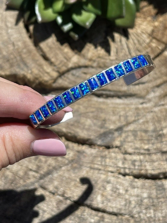 Navajo Sterling Silver & Blue Opal Cuff Bracelet … - image 7