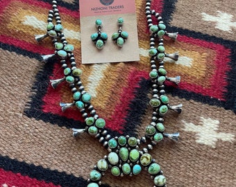 Navajo Sonoran Turquoise & Sterling Squash Blossom Set Signed Kathleen G