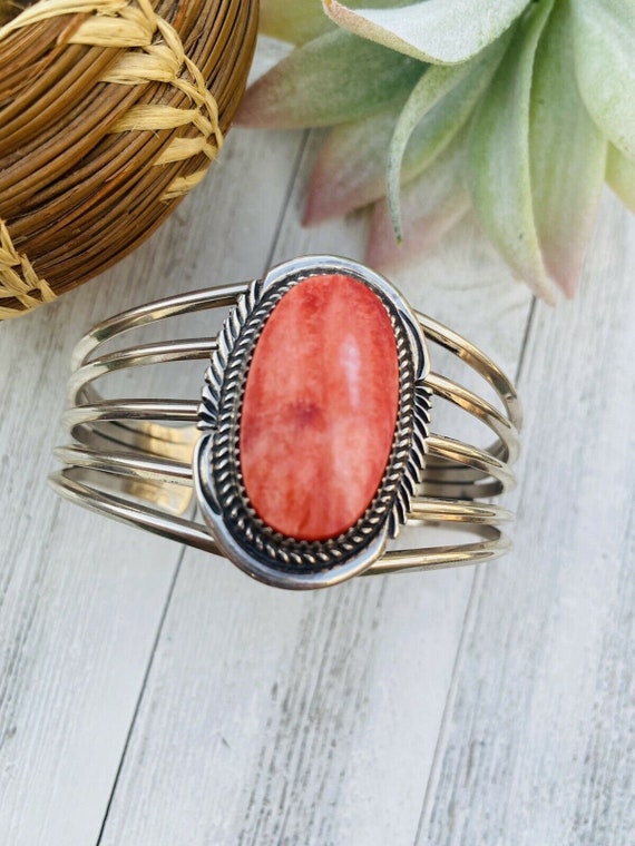 Navajo Orange Spiny And Sterling Silver Cuff Brace