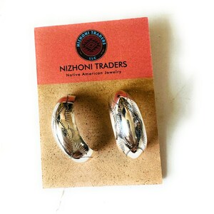 Navajo Handmade Sterling Silver Feather Hoop Earrings