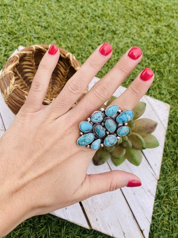 Navajo Turquoise & Sterling Silver Cluster Adjust… - image 7