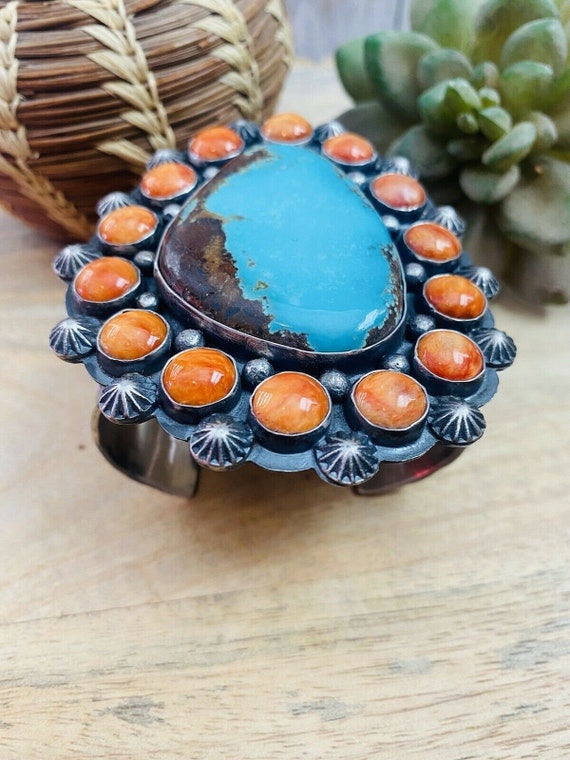 Navajo Orange Spiny, Turquoise & Sterling Silver … - image 4