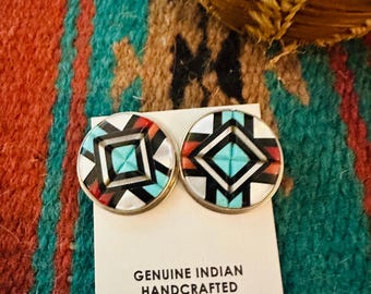 Boucles D'oreilles Zuni En Argent Sterling Et Pierres Multiples - Fait Main Par L'artisan MC, Neuf