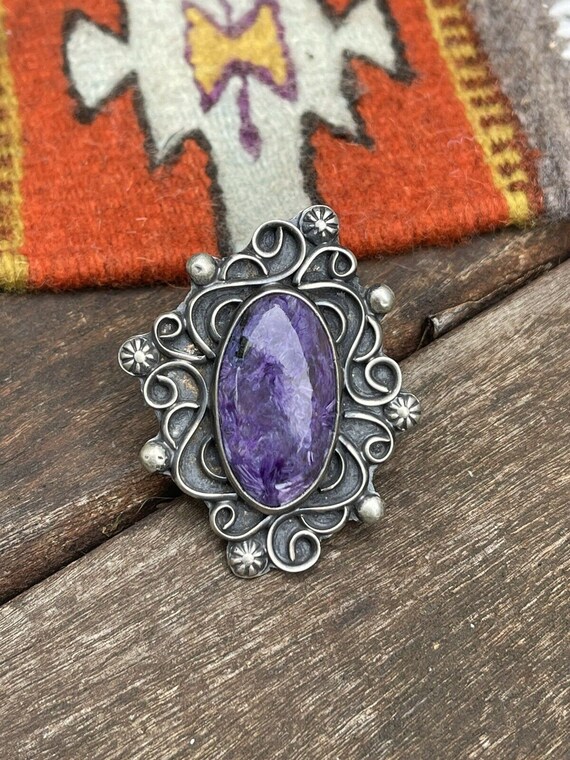 Navajo Charoite & Sterling Silver Size 8 Fancy Sw… - image 2
