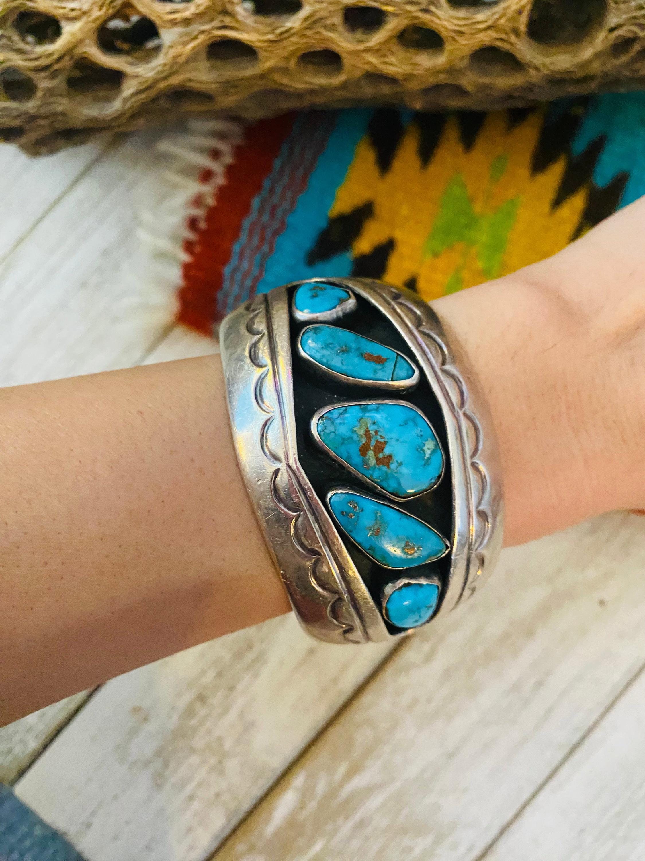 Navajo Old Pawn Vintage Turquoise & Sterling Silver Cuff Bracelet / - Etsy