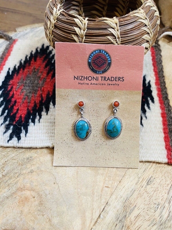 Navajo Turquoise, Coral & Sterling Silver Dangle … - image 2