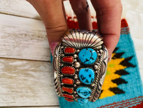 Old Pawn Vintage Navajo Turquoise, Coral & Sterli… - image 7