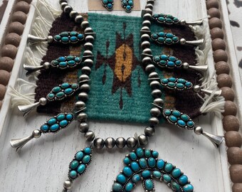 Navajo Royston Turquoise & Sterling Squash Blossom Set Signed