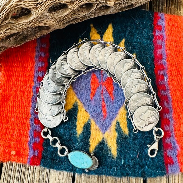 Navajo Turquoise & Sterling Silver Liberty Dime Bracelet By James McCabe