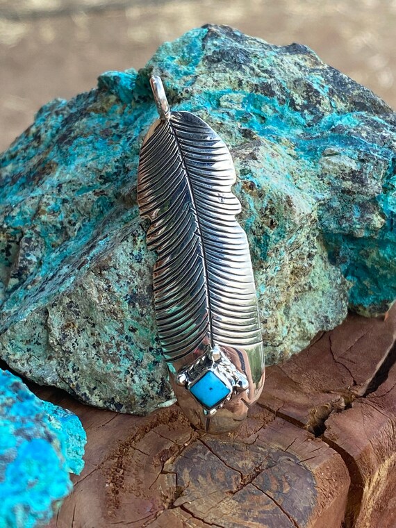 Navajo Kingman Turquoise & Sterling Silver Feathe… - image 5