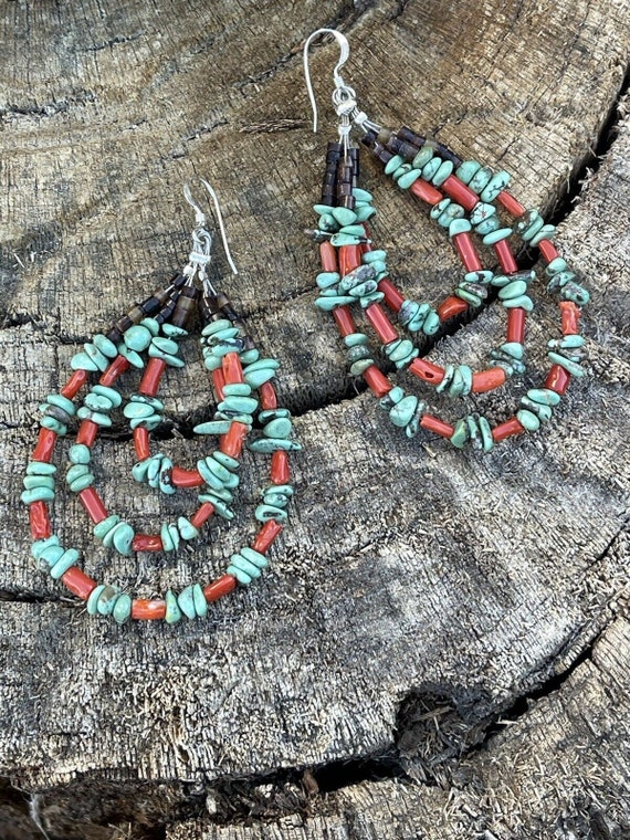 Navajo Heishi Bead Turquoise & Coral 3 Loop Dangl… - image 4