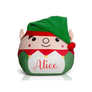 May include: Green and red plush elf cushion with a green hat and the name "Alice" embroidered on the front.