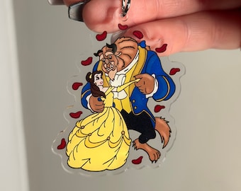 Beauty and the beast keychain/ Belle and Beast Dancing with Falling rose petals Keychain / Disney princess
